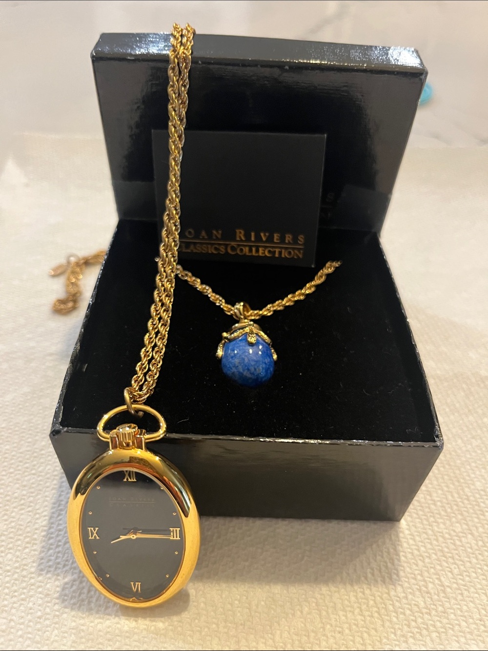 Vintage Joan Rivers Blue egg set in gold bonus John rivers black watch necklace